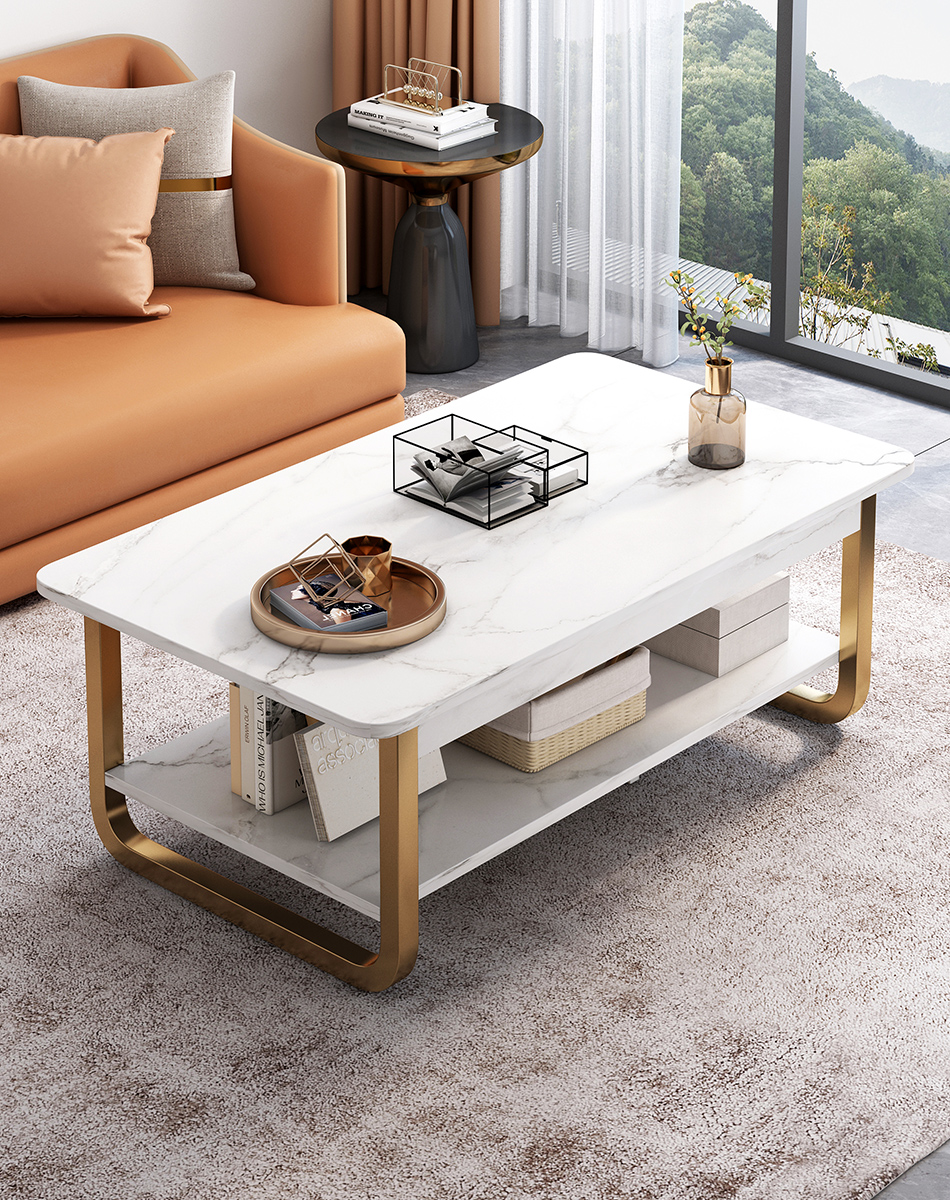 MESA DE CENTRO DELUXE - MARMOLEADO BLANCO Y DORADO -MFTOP