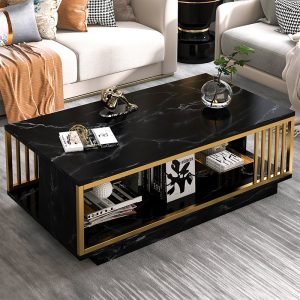 MESA DE CENTRO ROMANO - MARMOLEADO NEGRO Y DORADO - MFTOP