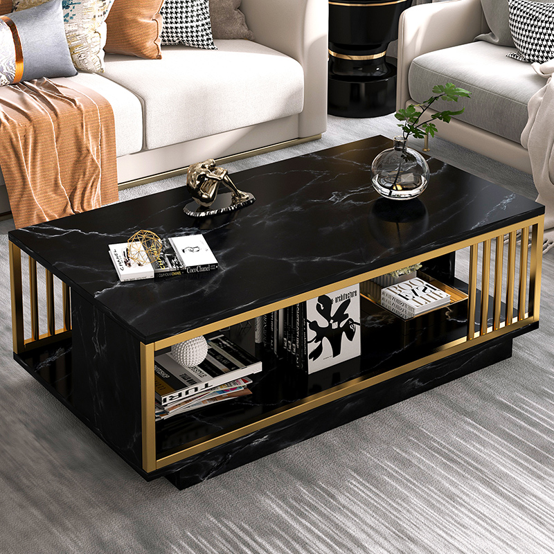 MESA DE CENTRO ROMANO - MARMOLEADO NEGRO Y DORADO - MFTOP