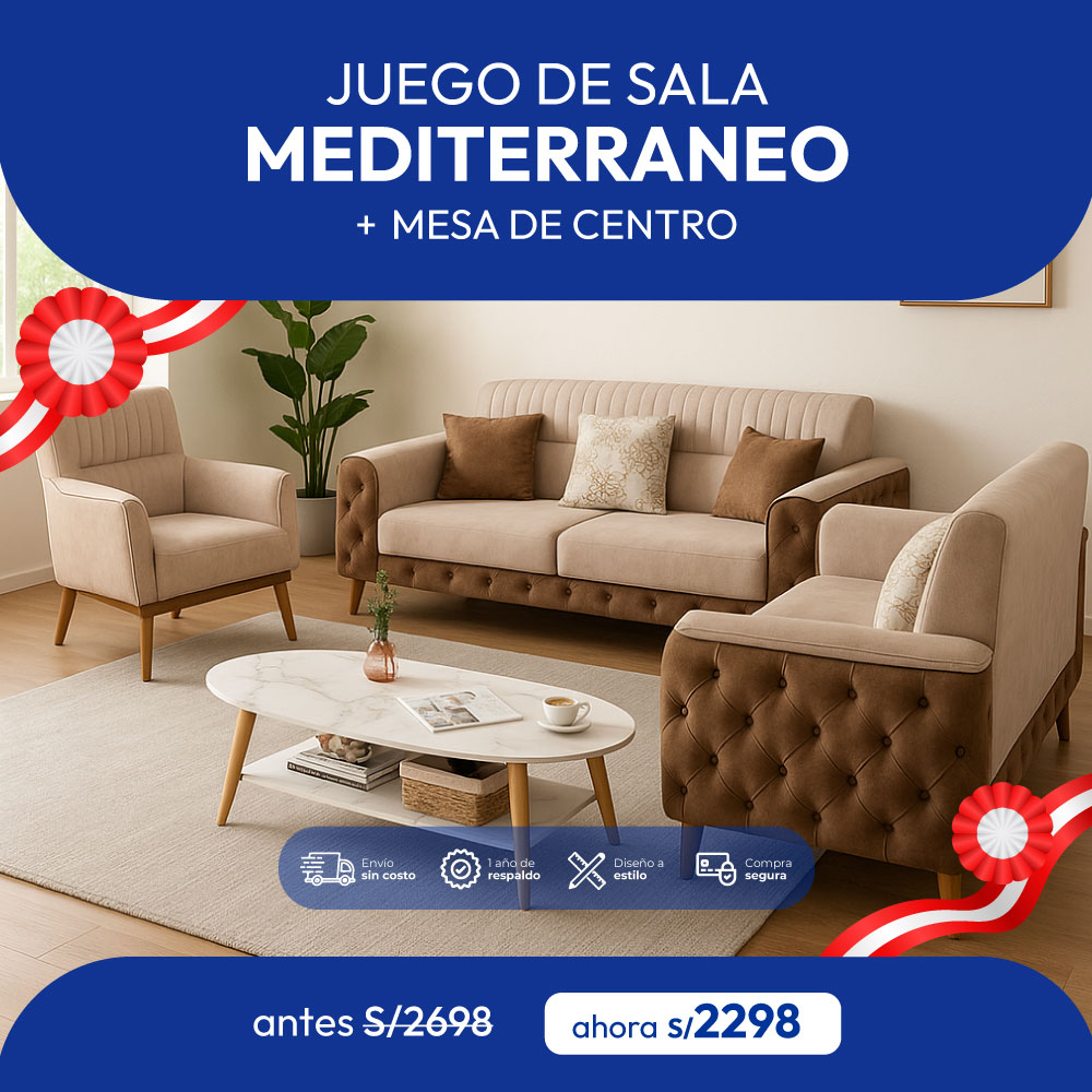 JUEGO DE SALA 3X2X1 – MEDITERRANEO + MESA DE CENTRO VINTAGE