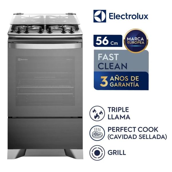 F4ETG - Cocina De Pie, 1 Horno, 4 Quemadores, Triple Llama 56Cm Gris Electrolux