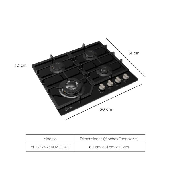 MTGB24R3402GG - Cocina Empotrable 24''/60cms, 4 Quemadores, Negro Midea - Imagen 2